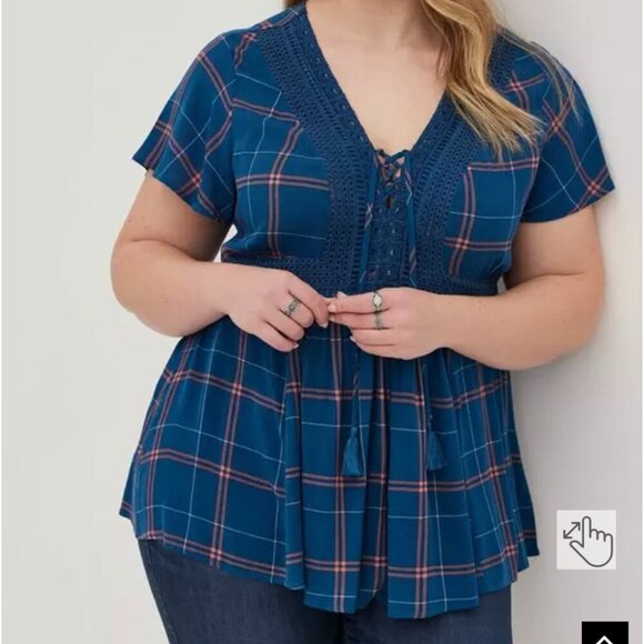 Torrid Size 3 Babydoll Crinkle Gauze Crochet Inset Lace Up Top Blue Plaid 3X - Picture 7 of 9